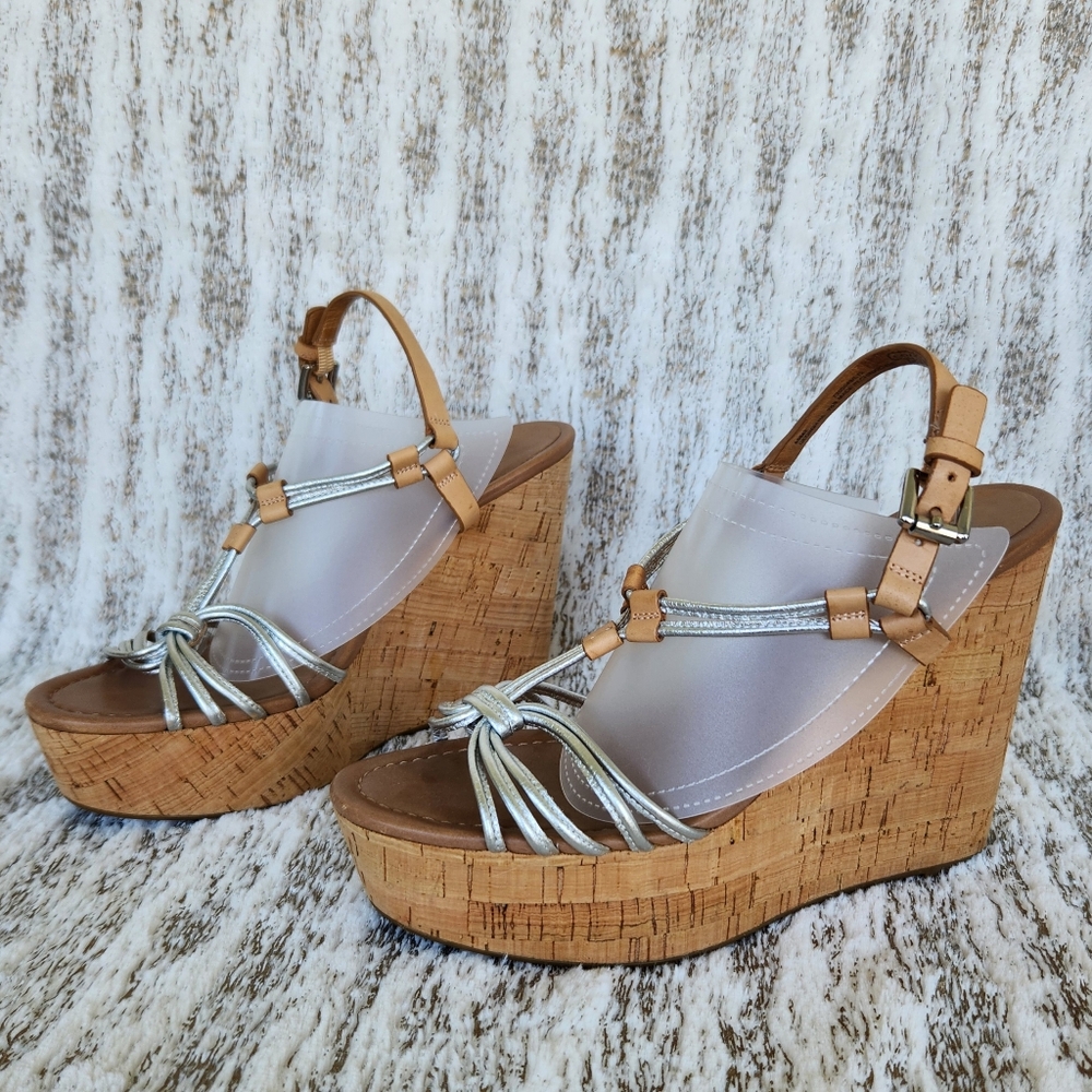 Coach "Georgiana" Platform Wedge Sandal Metallic Silver Tan | Women's Size 9.5B - Picture 2 of 11